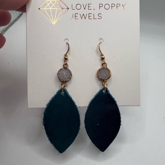 Love , Poppy Teal Green Leather Teardrop with Druzy Stone Earrings NEW - Picture 10 of 13